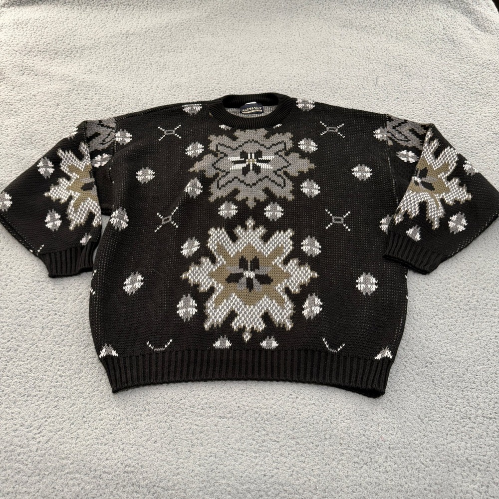 Vintage Snowflake Knit Sweater Mens XL Black Nordic Fair Isle Heavy Asphalt
